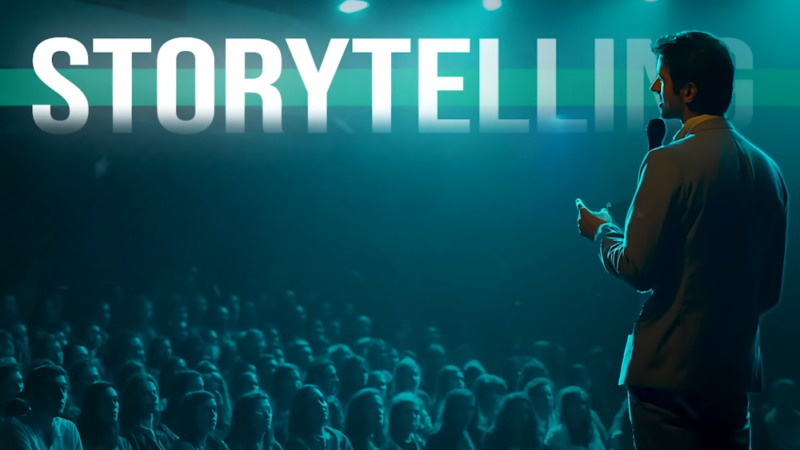 Govornik na sceni drži mikrofon i priča pred punom salom dok iza njega stoji natpis storytelling