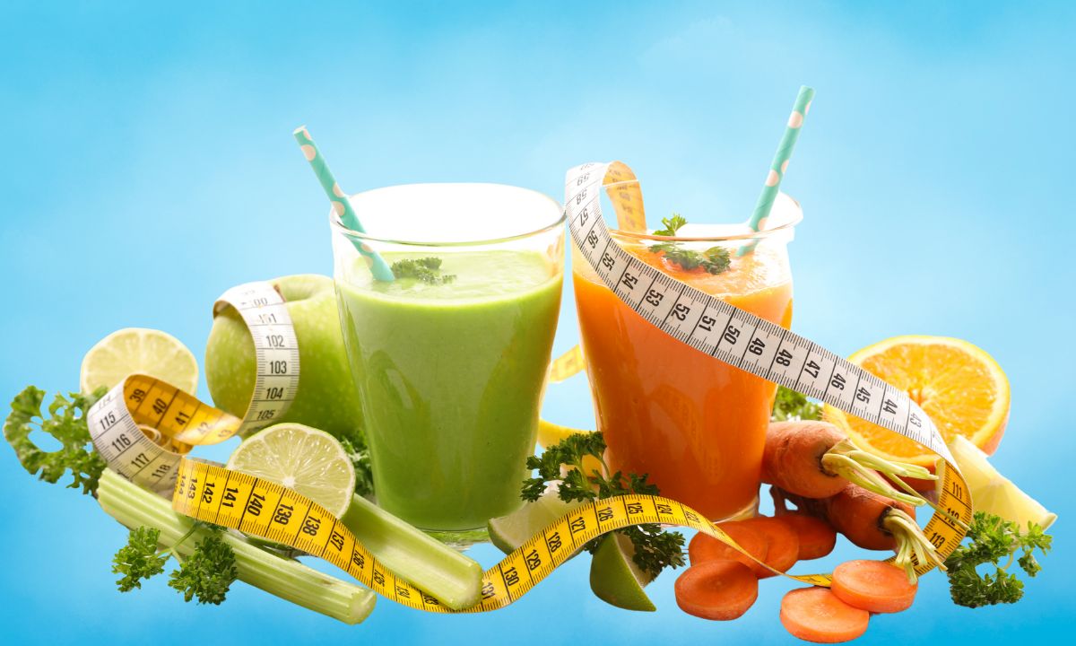 prikaz povrća, detoks sokova i metra za merenje struka