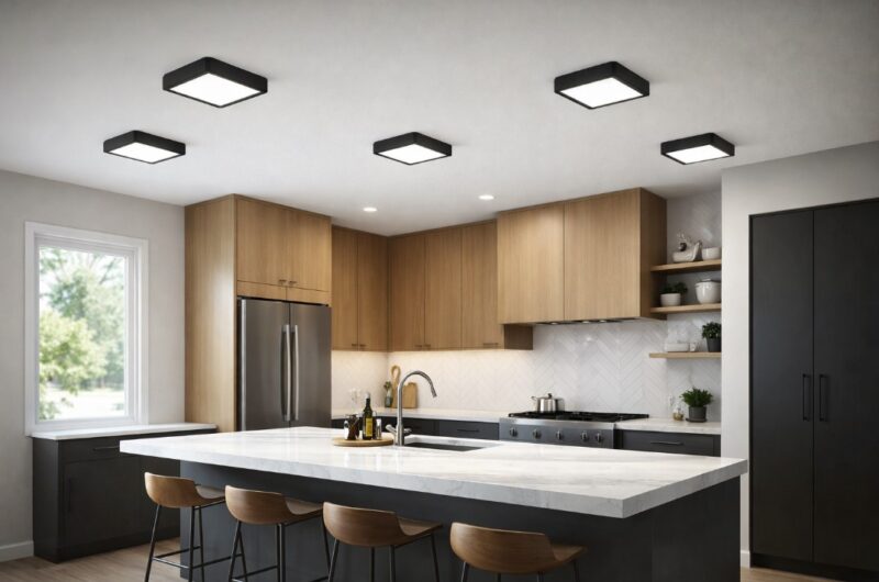 Moderno uređena kuhinja sa četiri pravilno raspoređena plafonska LED panela i kombinacijom drvenih elemenata i tamnih ormarića