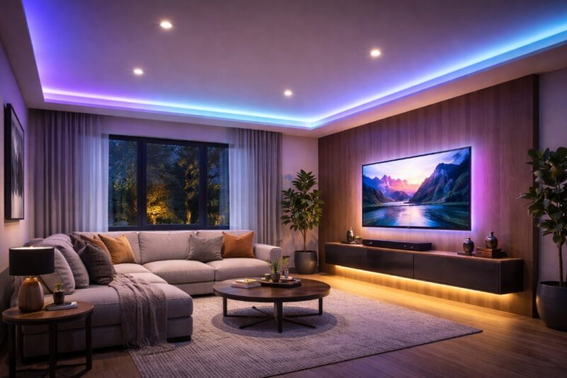 Moderan dnevni boravak sa plafonskim LED panelima i RGB LED trakama koje stvaraju ambijentalno osvetljenje