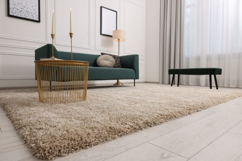 Dnevna soba sa tepihom postavljenim na odgovarajućoj udaljenosti od zidova i nameštaja