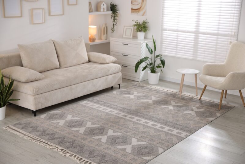 Dnevna soba gde su sofa i fotelja potpuno postavljene na veliki tepih