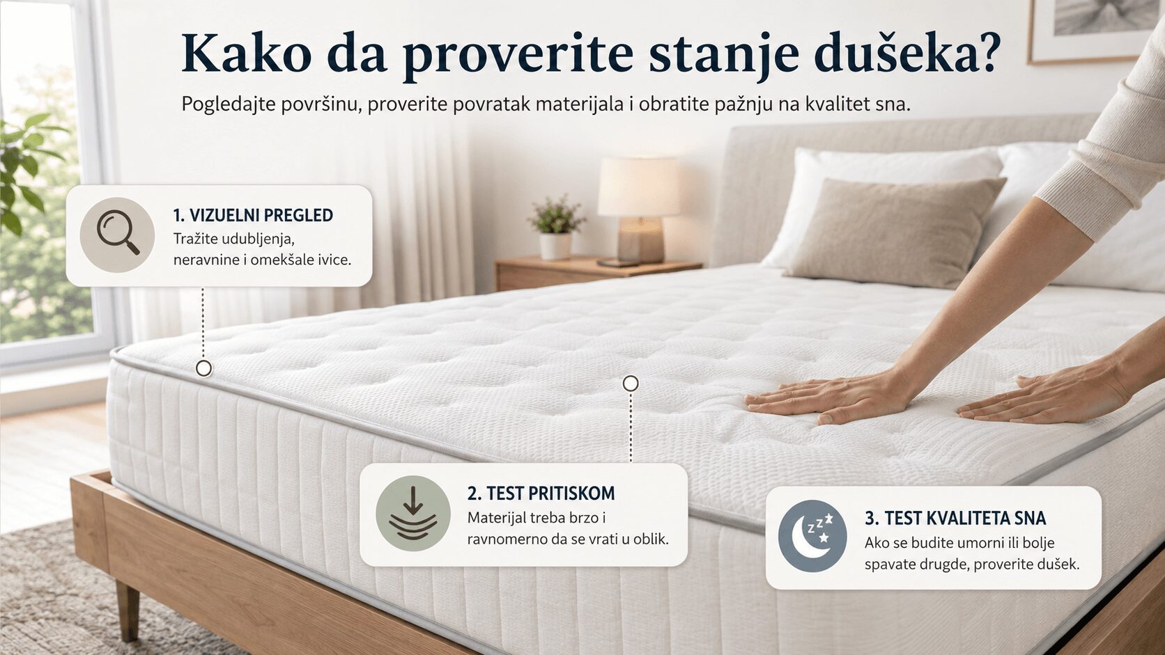 Osoba pritiska beli dušek uz prikaz testova za proveru njegovog stanja