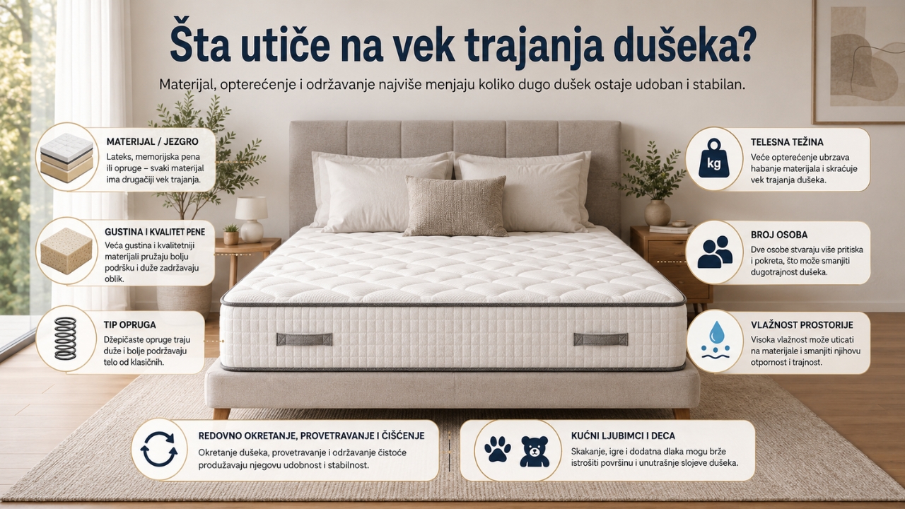 Dušek u spavaćoj sobi sa prikazom faktora koji utiču na njegov vek trajanja