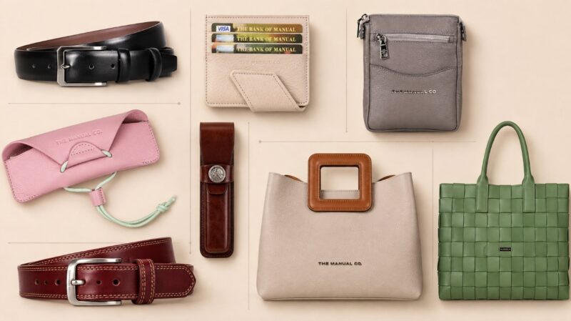 Kožni aksesoari brenda The Manual Co. raspoređeni na svetloj bež pozadini u elegantnoj product fotografiji.