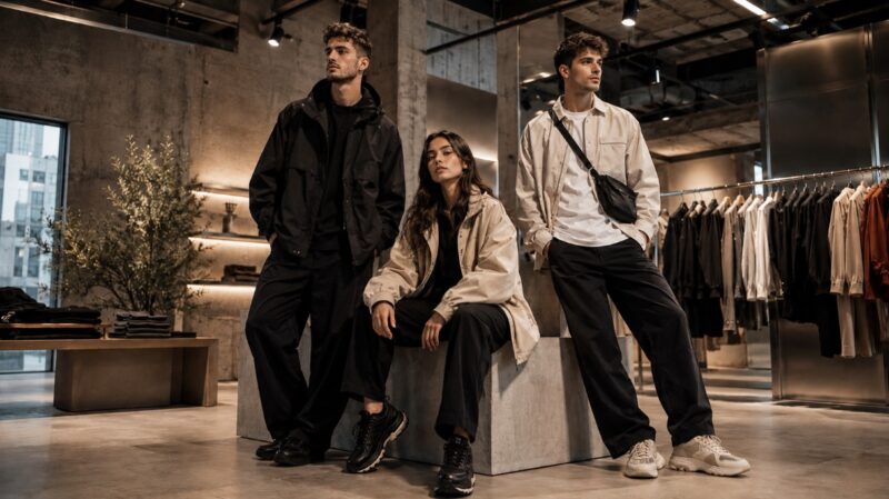 Tri modela balkanskog izgleda predstavljaju urbani stil domaćeg modnog brenda u modernom fashion enterijeru.
